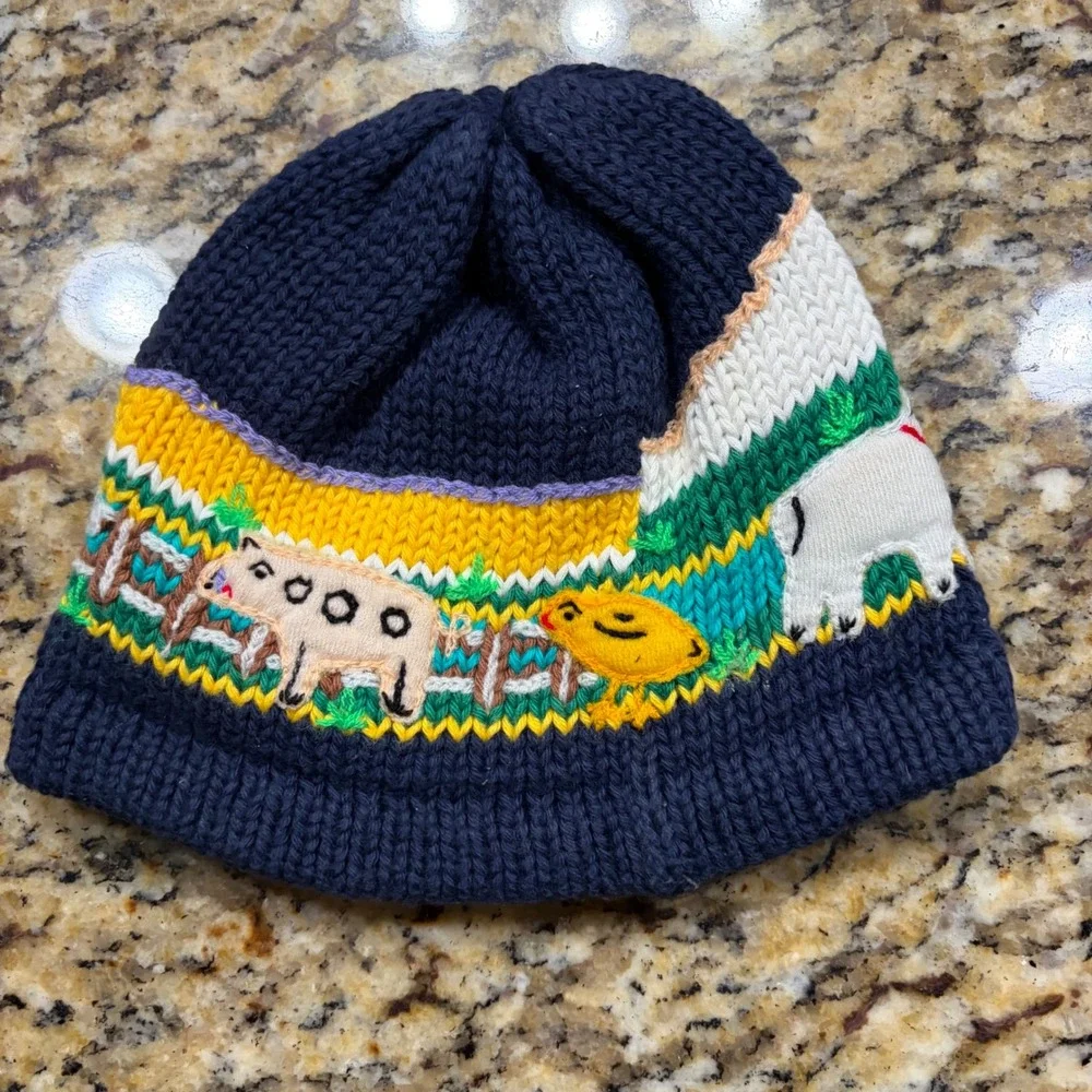 Vintage Hand Knit Farm Animal Beanie Navy Blue Dog Pig Sheep Chick Kids Hat